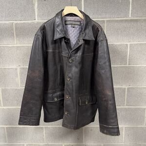 Vintage 90s Leather Car Coat Chore Jacket Thrashed Faded ERD Grunge